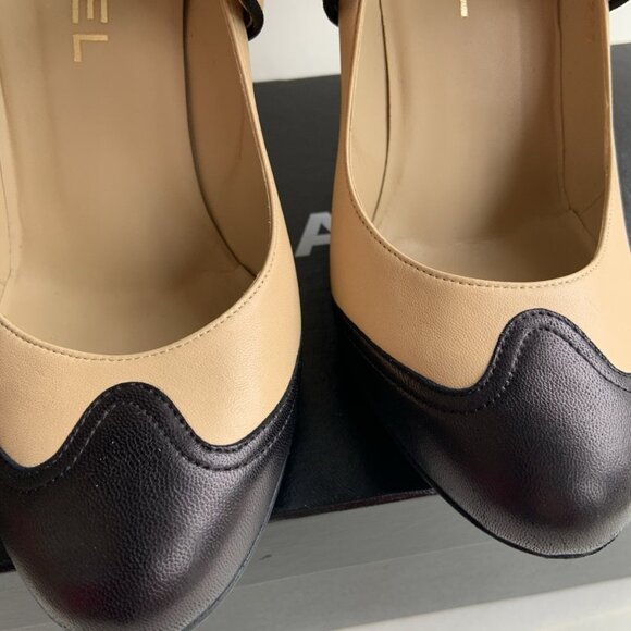 Chanel Colorblock Mary Jane Pumps Tan Black Retro Block Heel - Picture 7 of 12